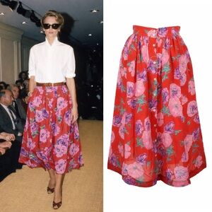 Vintage Ralph Lauren Skirt 100% Silk Floral Red Midi Button Front A line 70s 80s